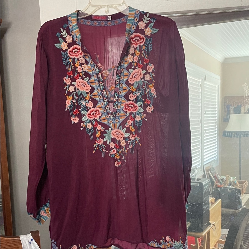 Johnny Was "Beatrix" Plum Floral Embroidered Blouse